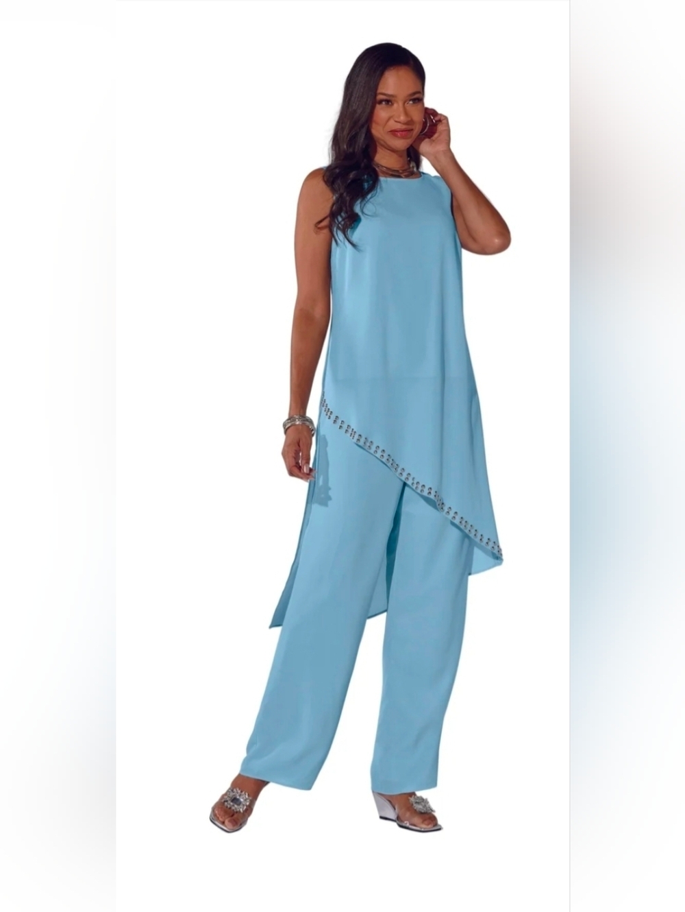 Stunning Studded Sleeveless Asymmetrical Light Blue 2 Pcs Pant Suit By Studio EY